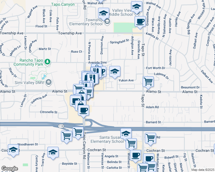 map of restaurants, bars, coffee shops, grocery stores, and more near 2916 Esperanza Way in Simi Valley