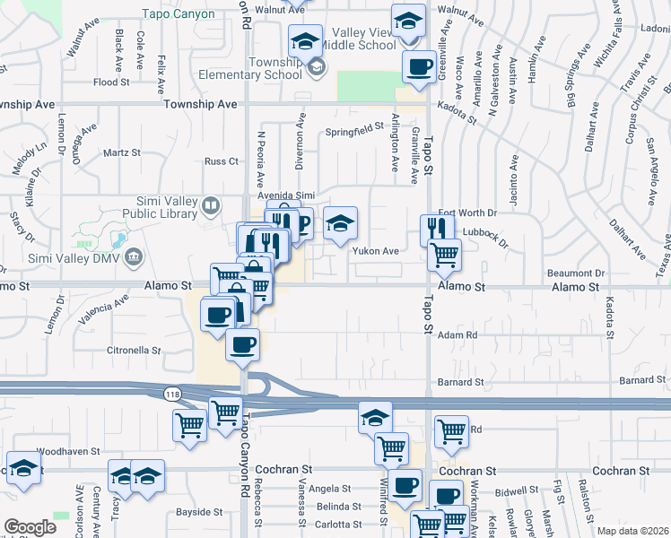 map of restaurants, bars, coffee shops, grocery stores, and more near 2918 Estilita Way in Simi Valley