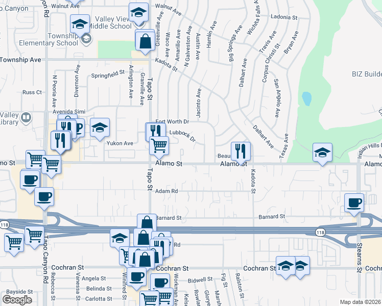 map of restaurants, bars, coffee shops, grocery stores, and more near 4581 Alamo Street in Simi Valley