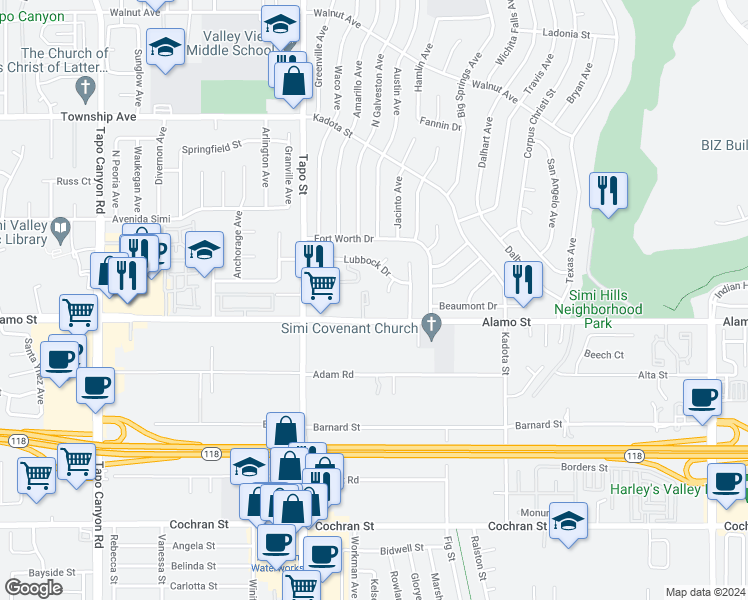 map of restaurants, bars, coffee shops, grocery stores, and more near 4581 Alamo Street in Simi Valley
