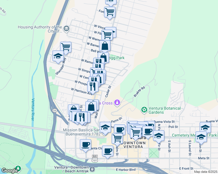 map of restaurants, bars, coffee shops, grocery stores, and more near 68 East Center Street in Ventura
