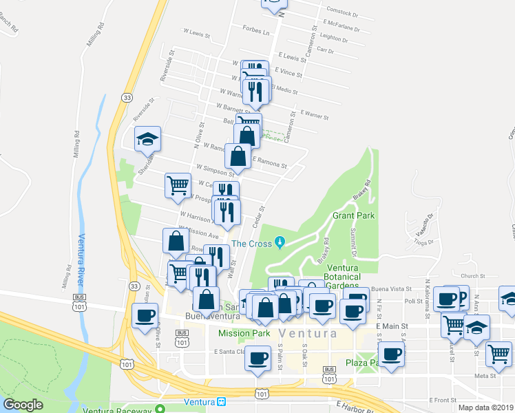 map of restaurants, bars, coffee shops, grocery stores, and more near 68 East Center Street in Ventura