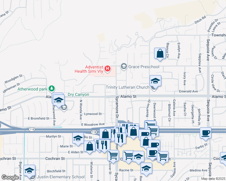 map of restaurants, bars, coffee shops, grocery stores, and more near 2679 Velma Court in Simi Valley
