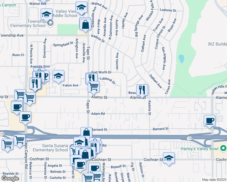 map of restaurants, bars, coffee shops, grocery stores, and more near 4581 Alamo Street in Simi Valley