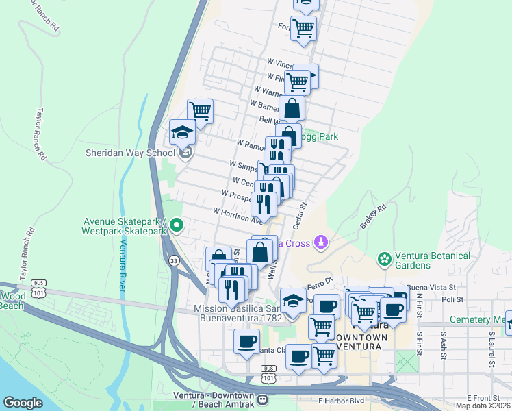 map of restaurants, bars, coffee shops, grocery stores, and more near 124 West Prospect Street in Ventura