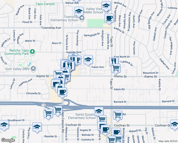map of restaurants, bars, coffee shops, grocery stores, and more near 2861 Fairbanks Avenue in Simi Valley