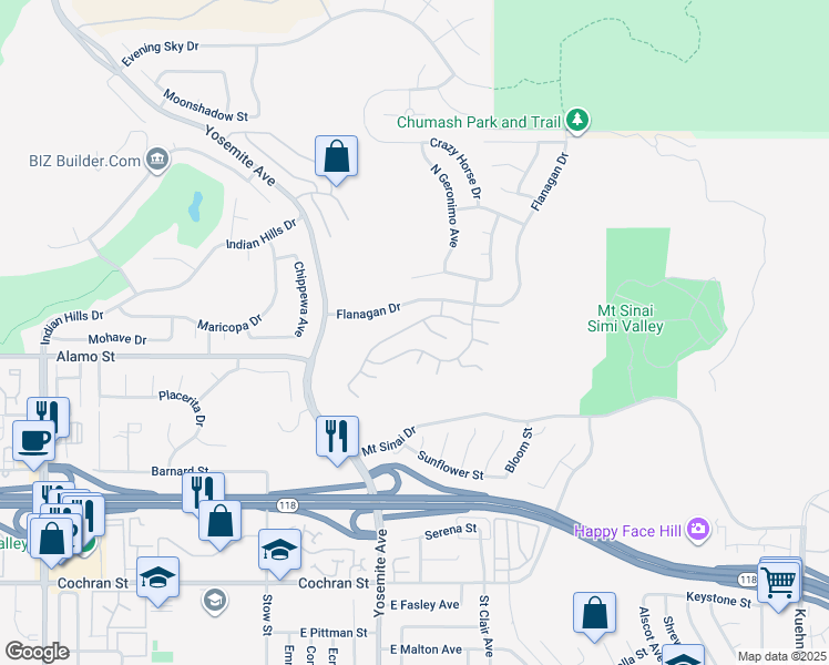 map of restaurants, bars, coffee shops, grocery stores, and more near 5844 Indian Pointe Drive in Simi Valley
