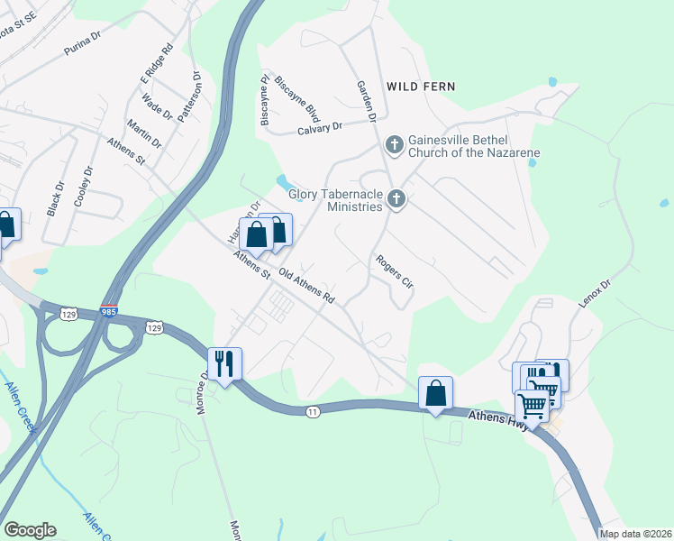 map of restaurants, bars, coffee shops, grocery stores, and more near 1418 Sullens Avenue in Gainesville