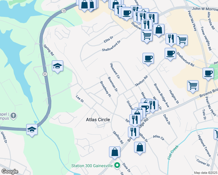 map of restaurants, bars, coffee shops, grocery stores, and more near 2168 Broadway Place in Gainesville