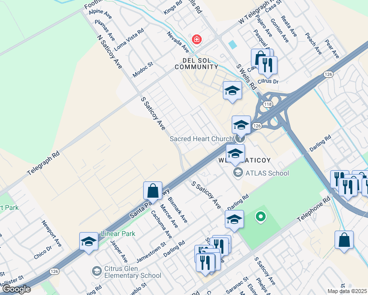 map of restaurants, bars, coffee shops, grocery stores, and more near 486 South Saticoy Avenue in Ventura