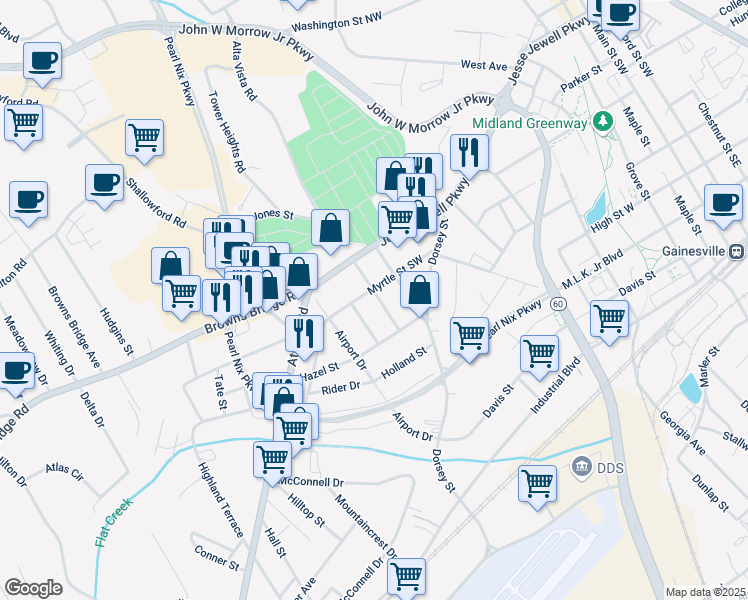 map of restaurants, bars, coffee shops, grocery stores, and more near 640 Central Avenue in Gainesville