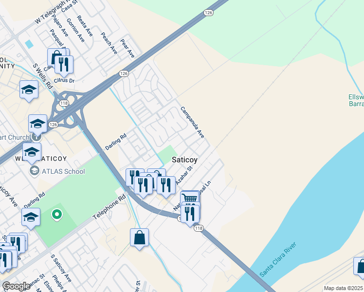 map of restaurants, bars, coffee shops, grocery stores, and more near 11370 Aster Street in Ventura