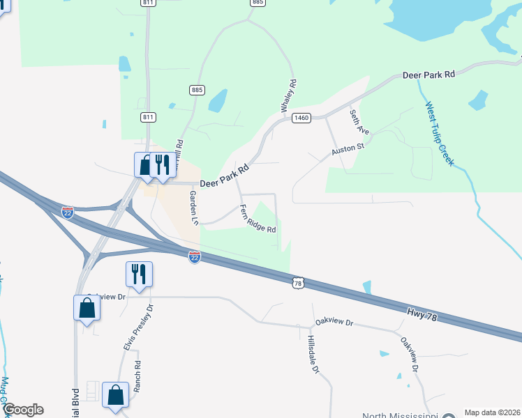 map of restaurants, bars, coffee shops, grocery stores, and more near Fern Ridge Road in Tupelo