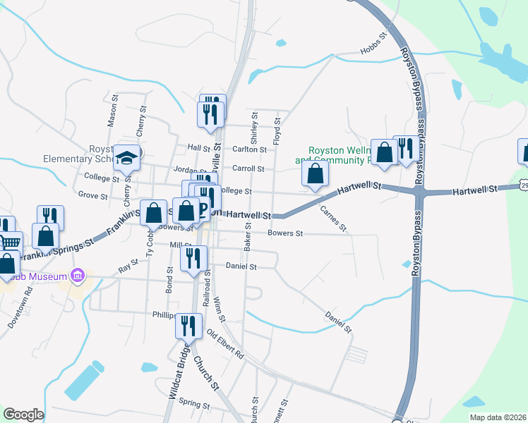 map of restaurants, bars, coffee shops, grocery stores, and more near 223 Hartwell Street in Royston