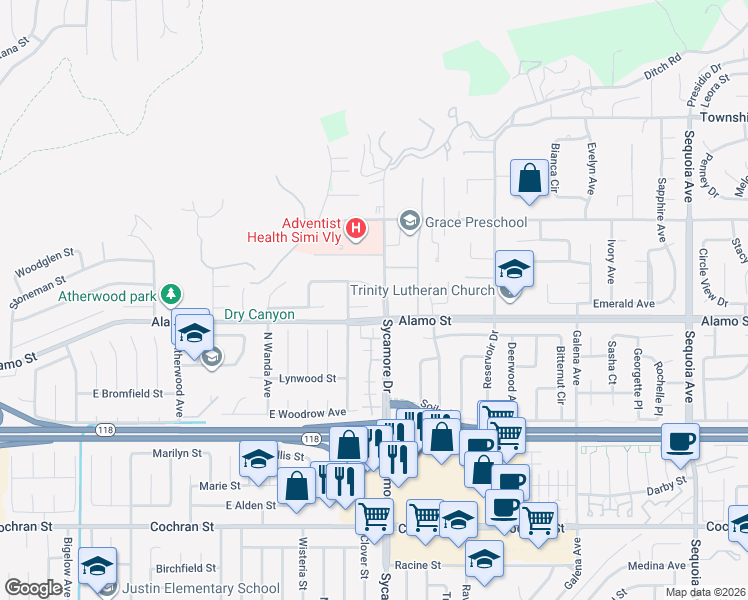 map of restaurants, bars, coffee shops, grocery stores, and more near 2679 Velma Court in Simi Valley