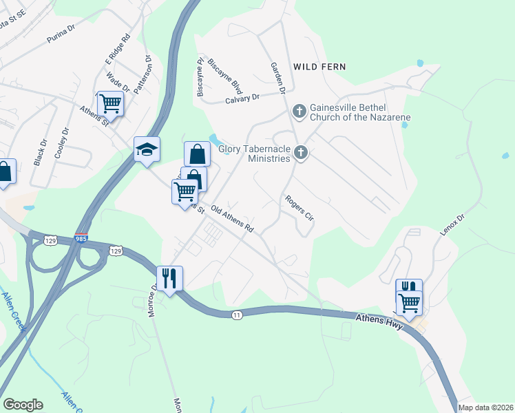 map of restaurants, bars, coffee shops, grocery stores, and more near 1418 Sullens Avenue in Gainesville