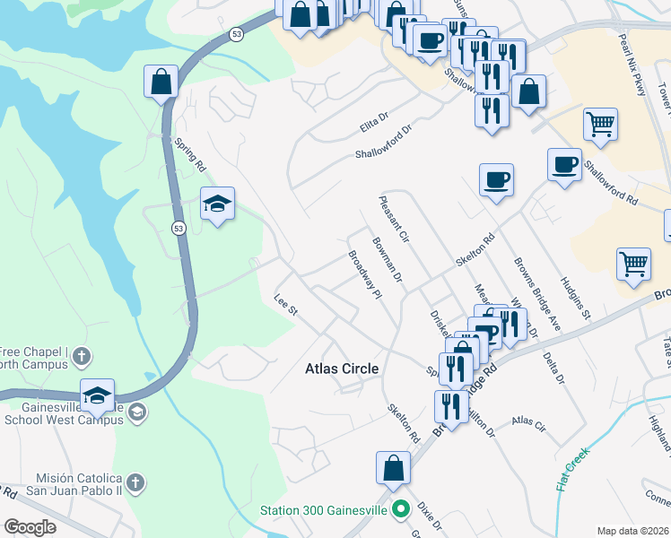 map of restaurants, bars, coffee shops, grocery stores, and more near 2333 Broadway Drive in Gainesville