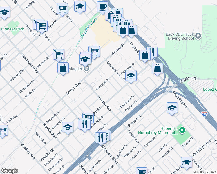 map of restaurants, bars, coffee shops, grocery stores, and more near 11908 Chadron Avenue in San Fernando