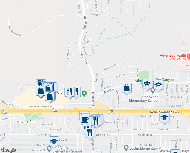 map of restaurants, bars, coffee shops, grocery stores, and more near 2835 Big Sky Place in Simi Valley