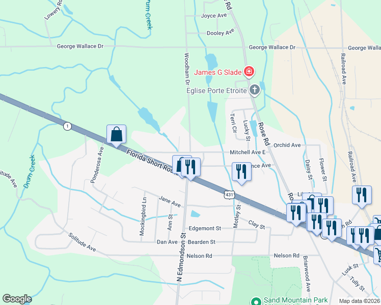 map of restaurants, bars, coffee shops, grocery stores, and more near 386 Mitchell Avenue East in Albertville