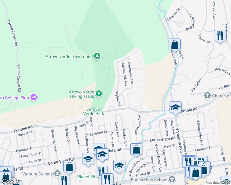 map of restaurants, bars, coffee shops, grocery stores, and more near 5385 Grandview Court in Ventura
