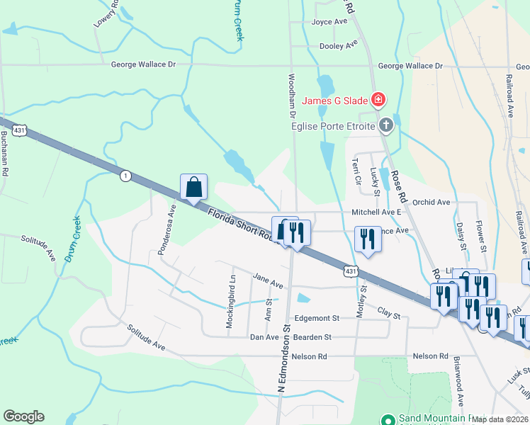 map of restaurants, bars, coffee shops, grocery stores, and more near 386-698 Mitchell Avenue East in Albertville