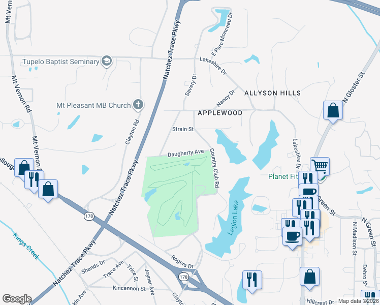 map of restaurants, bars, coffee shops, grocery stores, and more near 2100-2198 Daugherty Avenue in Tupelo