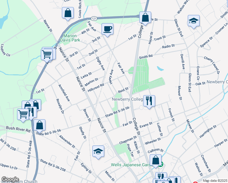 map of restaurants, bars, coffee shops, grocery stores, and more near 1205 Reid Street in Newberry
