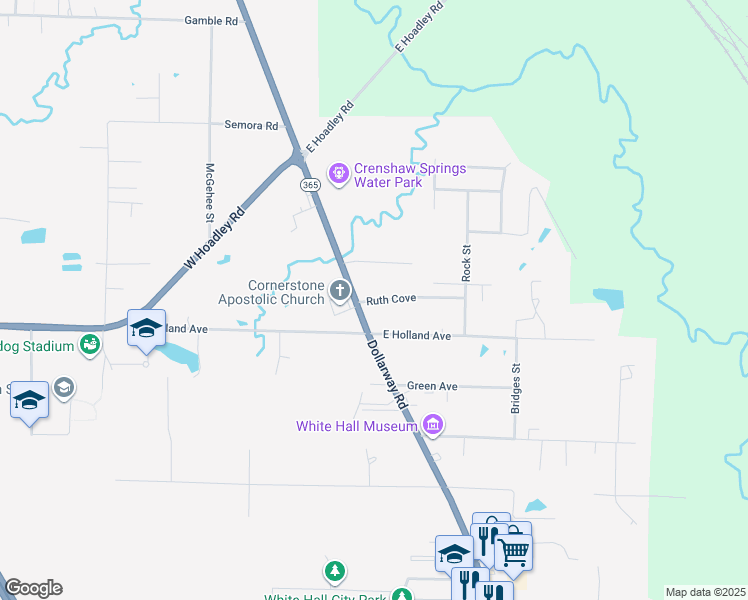 map of restaurants, bars, coffee shops, grocery stores, and more near 105 Ruth Cove in White Hall