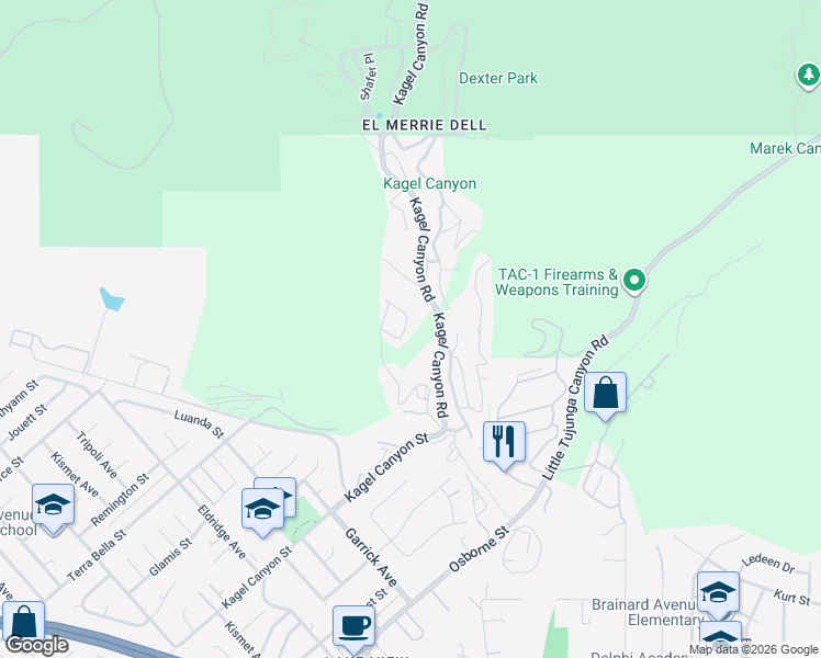 map of restaurants, bars, coffee shops, grocery stores, and more near 12016 Mountain View Trail in Los Angeles County