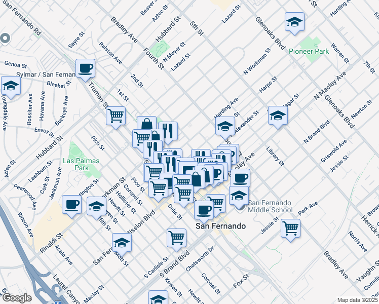 map of restaurants, bars, coffee shops, grocery stores, and more near 127 Harps Street in San Fernando