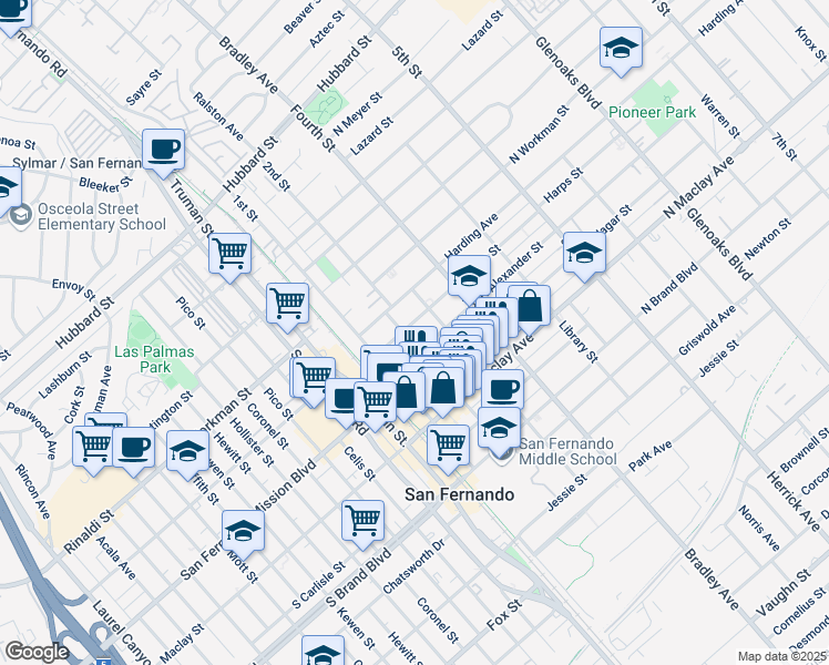 map of restaurants, bars, coffee shops, grocery stores, and more near 219 North Alexander Street in San Fernando