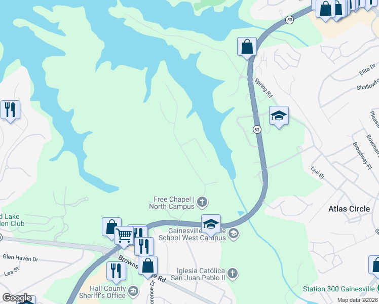 map of restaurants, bars, coffee shops, grocery stores, and more near 2664 Waters Edge Drive in Gainesville