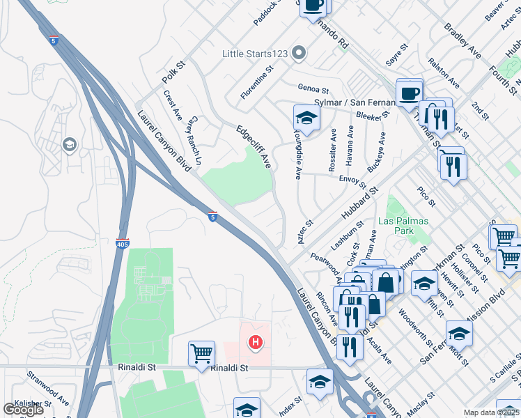 map of restaurants, bars, coffee shops, grocery stores, and more near 15027 Briarhill Drive in Los Angeles