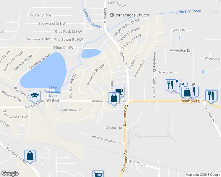map of restaurants, bars, coffee shops, grocery stores, and more near 117 Elliott Drive Northwest in Rome