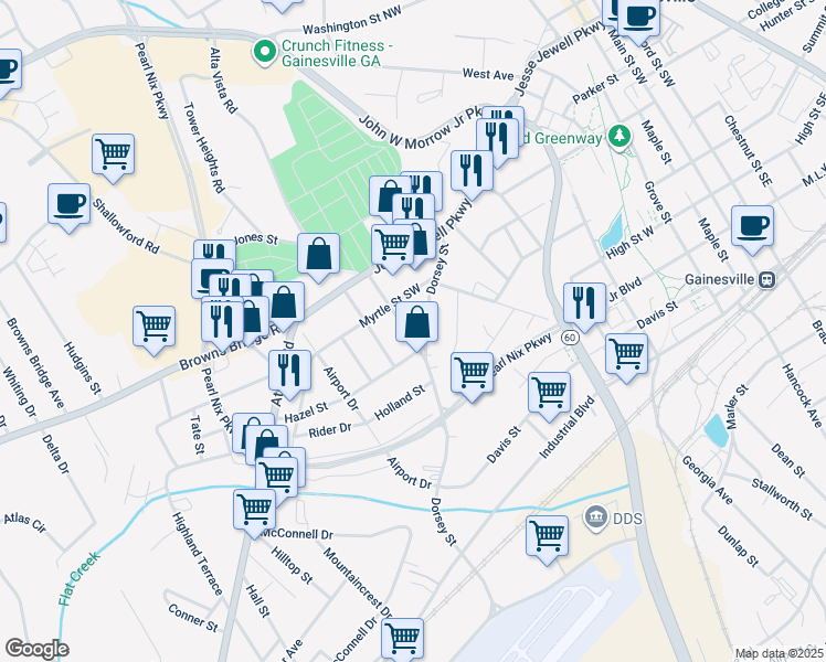 map of restaurants, bars, coffee shops, grocery stores, and more near 683 Auburn Avenue in Gainesville
