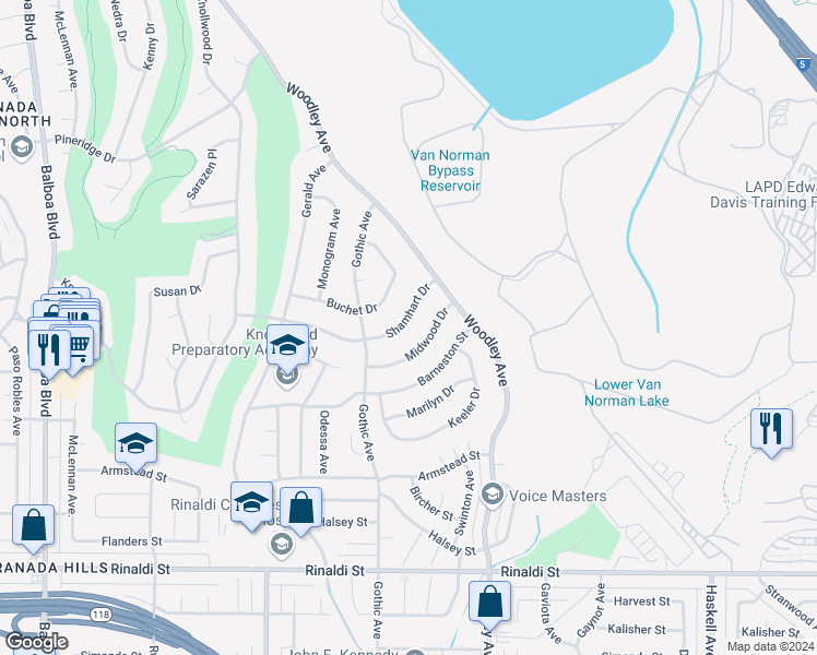 map of restaurants, bars, coffee shops, grocery stores, and more near 16362 Shamhart Drive in Los Angeles