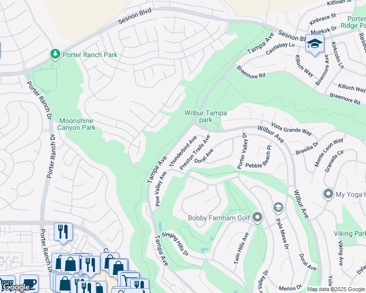 map of restaurants, bars, coffee shops, grocery stores, and more near 11801 Thunderbird Avenue in Los Angeles