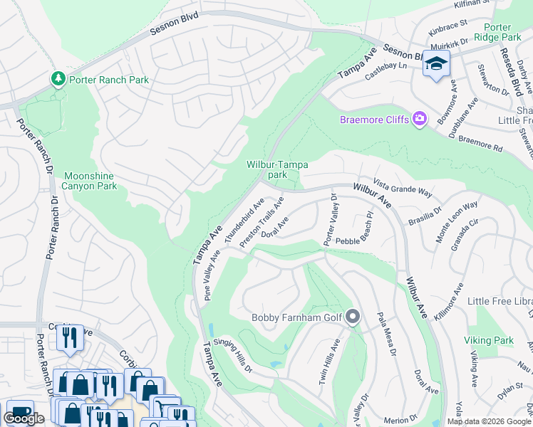 map of restaurants, bars, coffee shops, grocery stores, and more near 11806 Thunderbird Avenue in Los Angeles