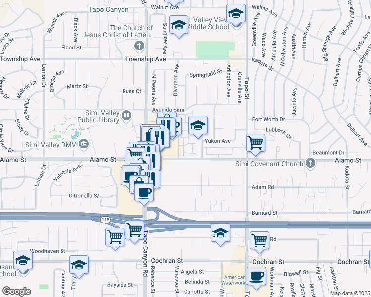 map of restaurants, bars, coffee shops, grocery stores, and more near 2916 Esperanza Way in Simi Valley