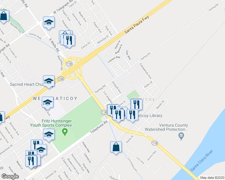 map of restaurants, bars, coffee shops, grocery stores, and more near 963 Jonquill Avenue in Ventura