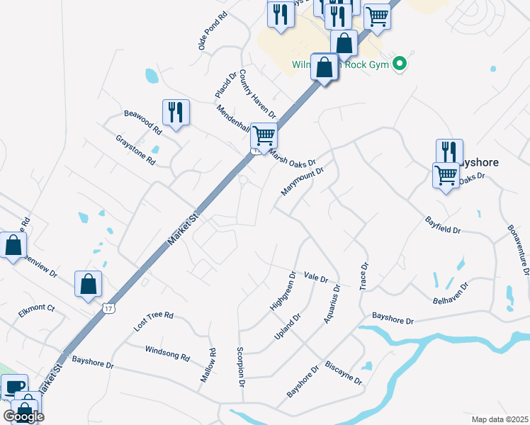 map of restaurants, bars, coffee shops, grocery stores, and more near 7701 Marymount Drive in Wilmington