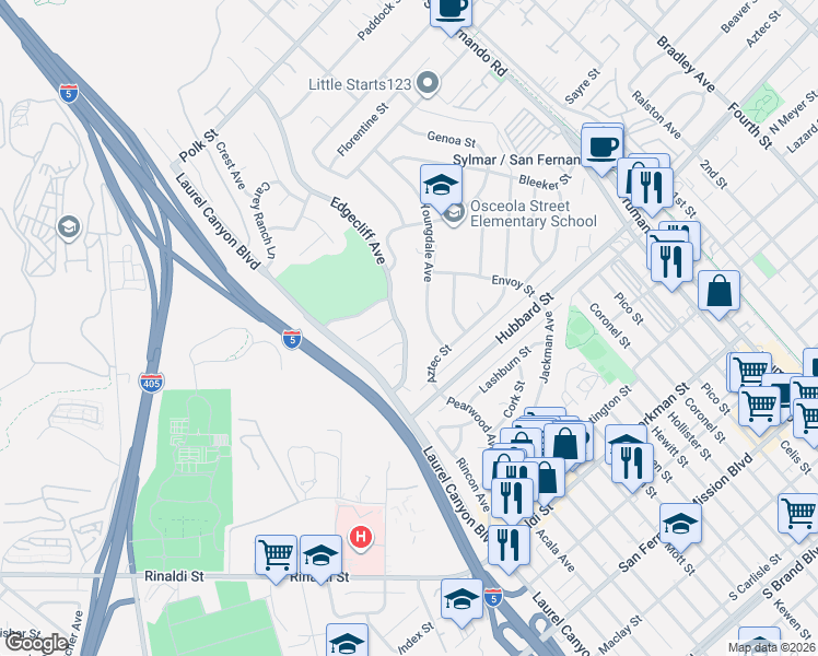 map of restaurants, bars, coffee shops, grocery stores, and more near 11918 Edgecliff Avenue in Los Angeles