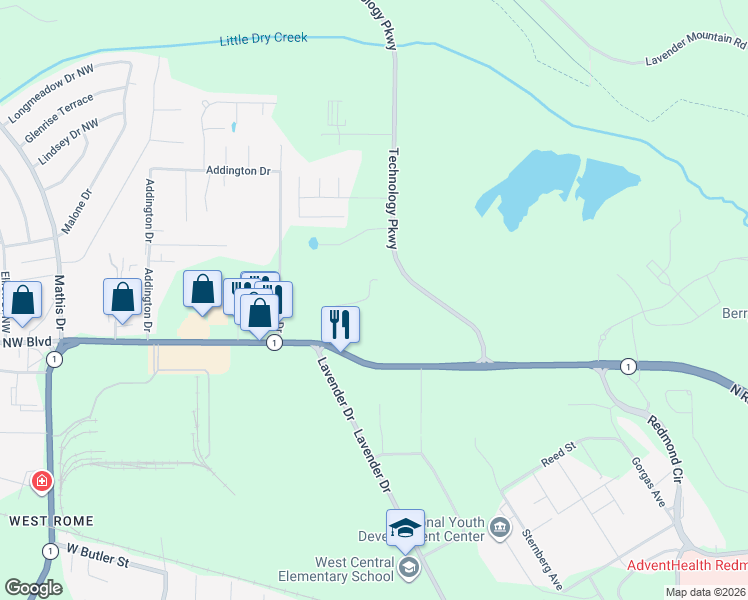 map of restaurants, bars, coffee shops, grocery stores, and more near 100 Asbury Drive in Rome