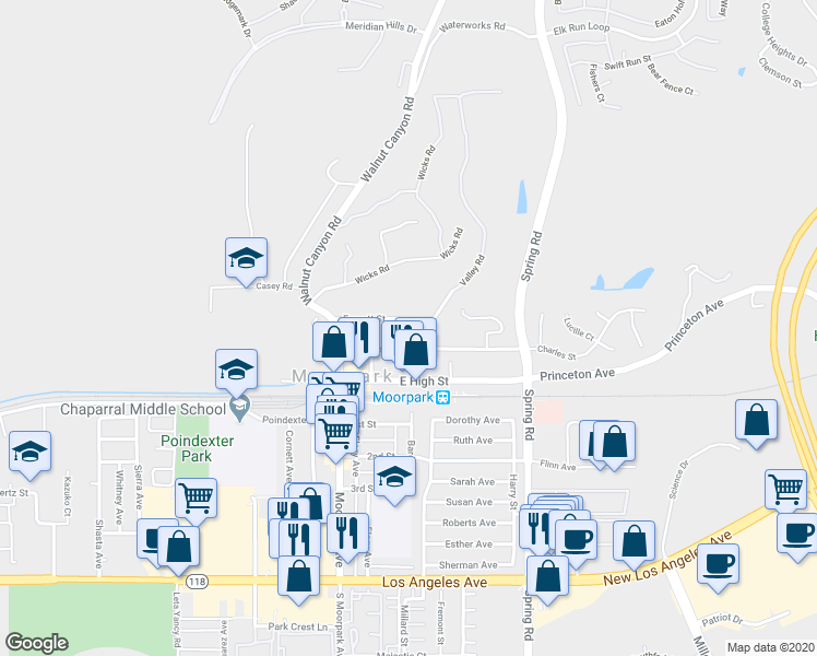 map of restaurants, bars, coffee shops, grocery stores, and more near 196 Everett Street in Moorpark