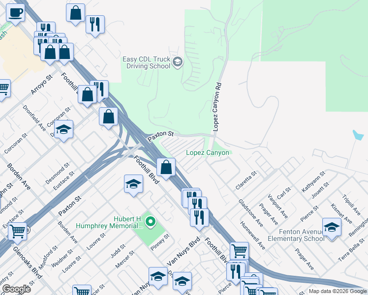 map of restaurants, bars, coffee shops, grocery stores, and more near 12401 Filmore Street in Los Angeles County