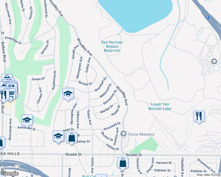 map of restaurants, bars, coffee shops, grocery stores, and more near 16300 Midwood Drive in Los Angeles