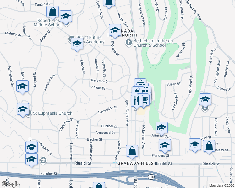 map of restaurants, bars, coffee shops, grocery stores, and more near 11905 Paso Robles Avenue in Los Angeles