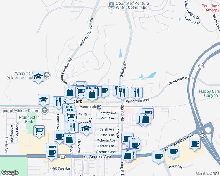 map of restaurants, bars, coffee shops, grocery stores, and more near 390 Bonnie View Road in Moorpark