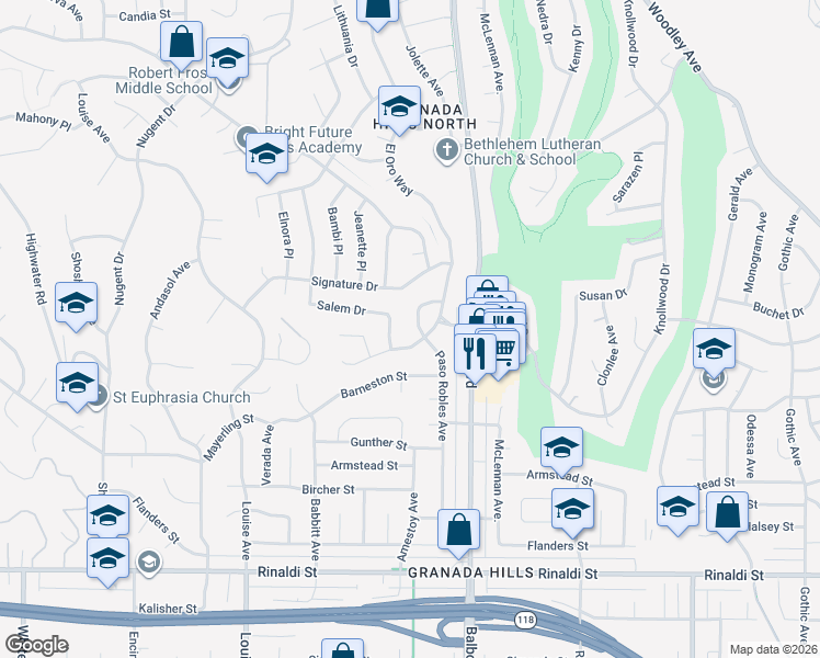 map of restaurants, bars, coffee shops, grocery stores, and more near 11905 Paso Robles Avenue in Los Angeles